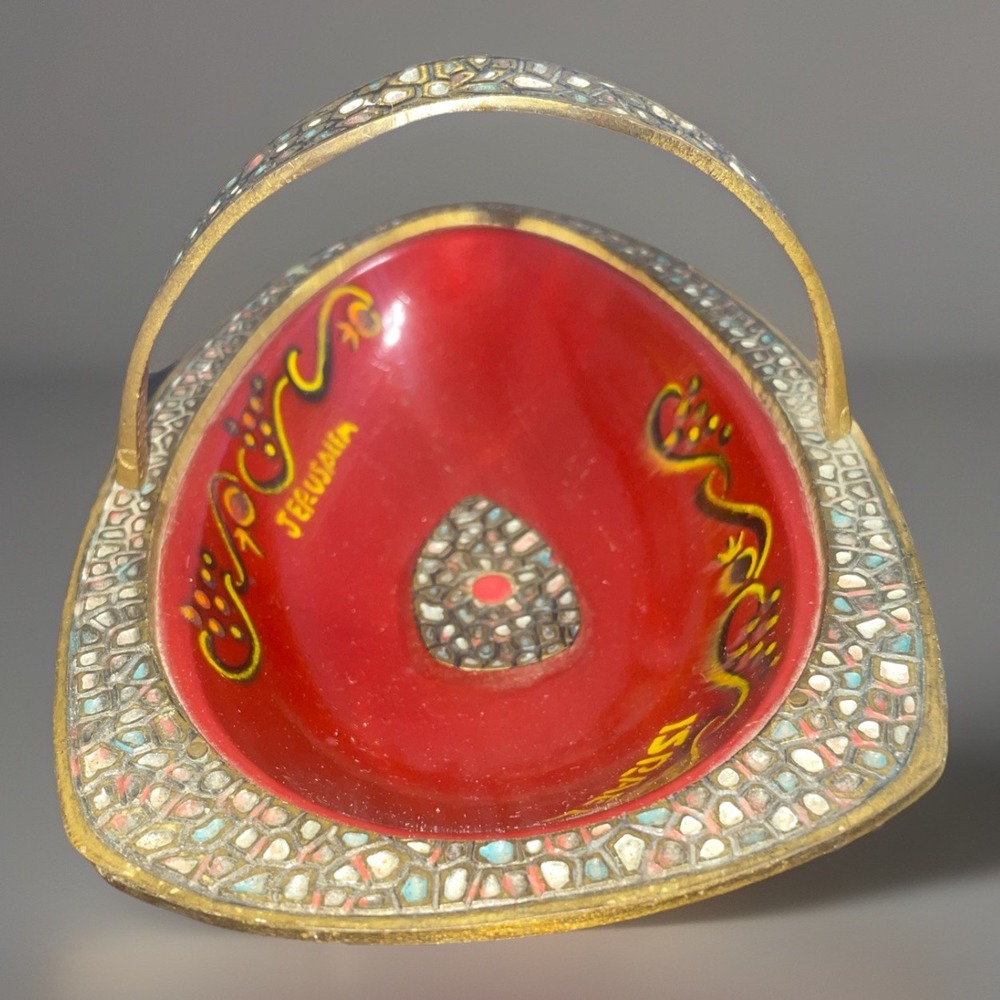 VTG Red Enamel Brass Israel Jerusalem Center Piece Basket‎ Tray Handpainted